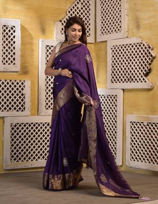Purple hand embroidered silk saree with zari border with blouse piece 1