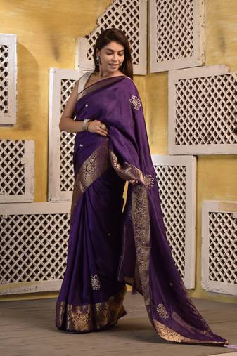 Purple hand embroidered silk saree with zari border with blouse piece