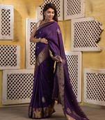 Purple hand embroidered silk saree with zari border with blouse piece