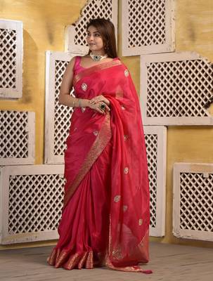 Pink silk saree with gota and zari work with blouse piece 2