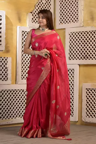 Pink silk saree with gota and zari work with blouse piece
