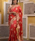 Red floral zari silk blend saree With blouse piece