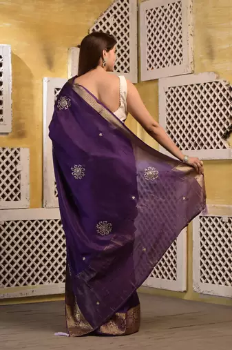 Purple hand embroidered silk saree with zari border with blouse piece