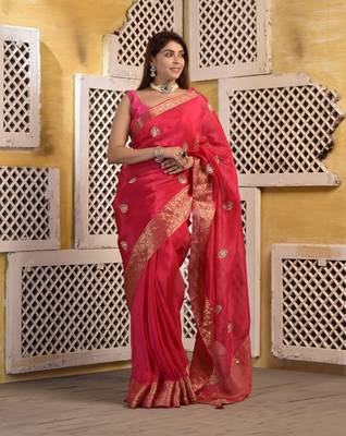 Pink silk saree with gota and zari work with blouse piece 4