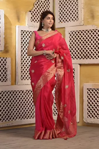 Pink silk saree with gota and zari work with blouse piece