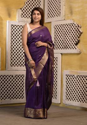 Purple hand embroidered silk saree with zari border with blouse piece 4