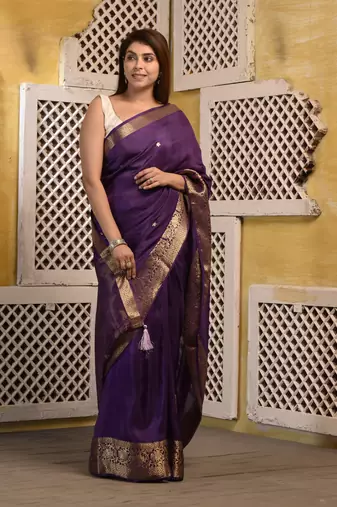 Purple hand embroidered silk saree with zari border with blouse piece