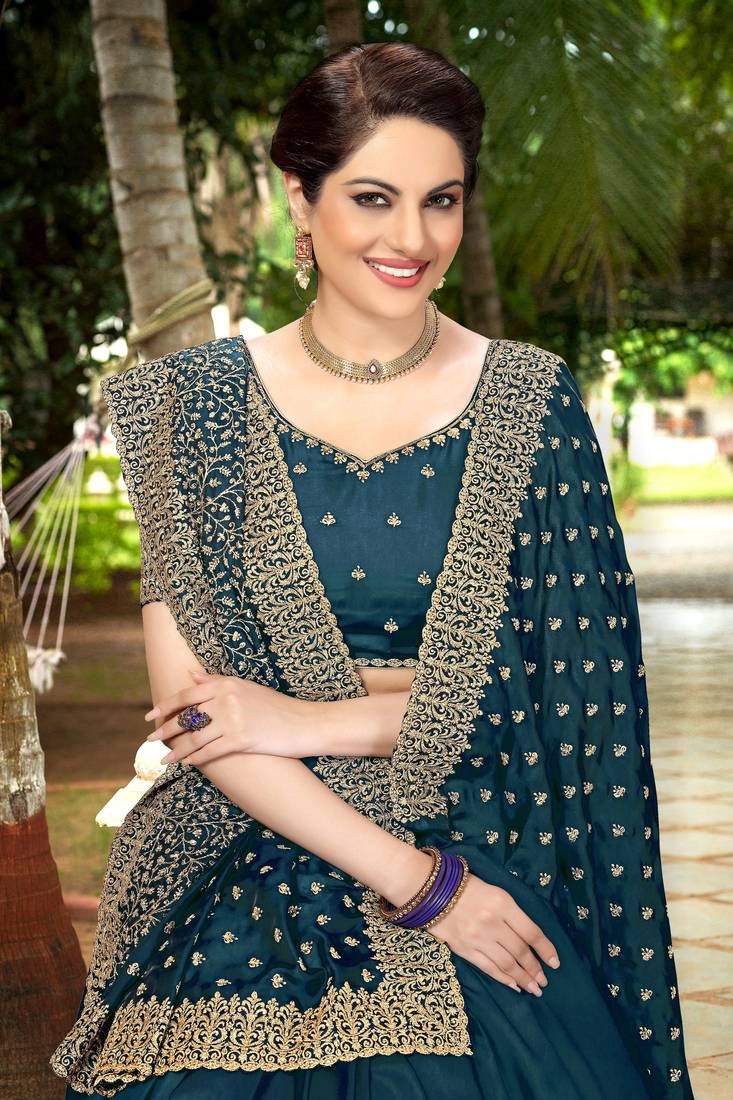 Trendmalls Dark Blue Embroidered Silk Blend Party Wear Saree With Blouse