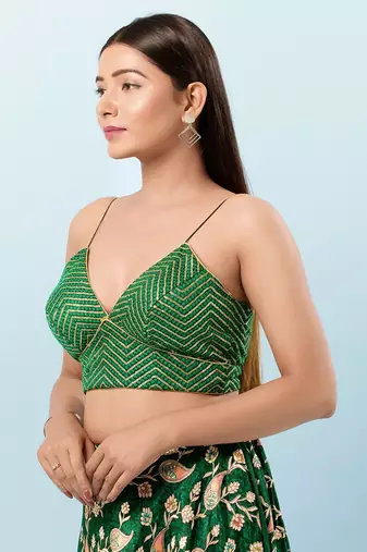 Green Art Silk V-Neck Blouse for Women 