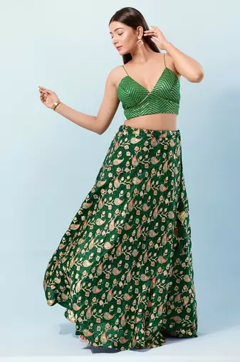 Green Art Silk V-Neck Blouse for Women 