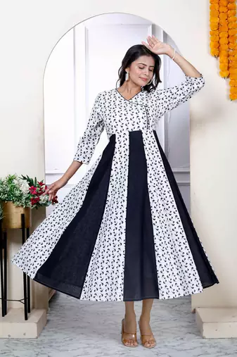Womens cotton white bird print anarkali kurta