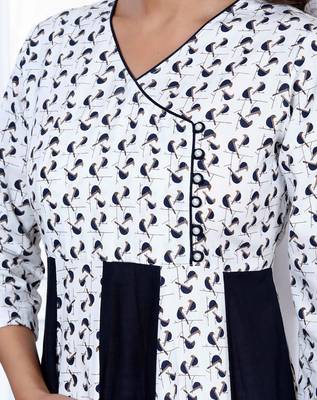 Womens cotton white bird print anarkali kurta 4