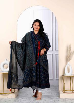 Womens navy blue plus size v neck abstract printed tassel angrakha kurta and dupatta 1
