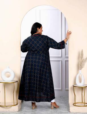 Womens navy blue plus size v neck abstract printed tassel angrakha kurta and dupatta 2