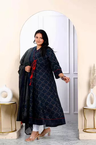 Womens navy blue plus size v neck abstract printed tassel angrakha kurta and dupatta