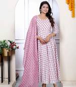 Women cotton printed pink anarkali kurta with dupatta set