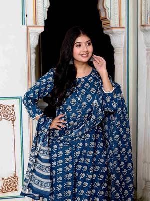 Womens blue cotton floral print anarkali kurta with dupatta 4