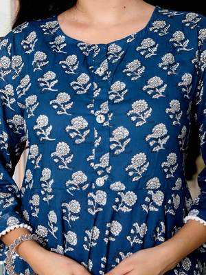 Womens cotton floral printed blue anarkali kurta 4