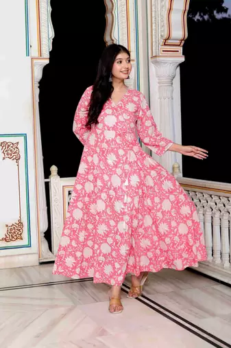 Womens pink cotton floral printed anarkali kurta