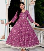 Womens cotton gotapatti and lace border details floral printed purple anarkali kurta