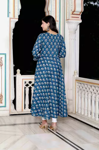 Womens blue cotton floral print anarkali kurta with dupatta