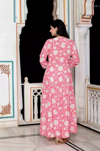 Womens pink cotton floral printed anarkali kurta