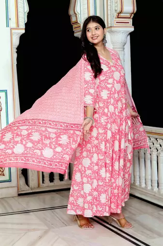Womens pink cotton floral print anarkali kurta with dupatta