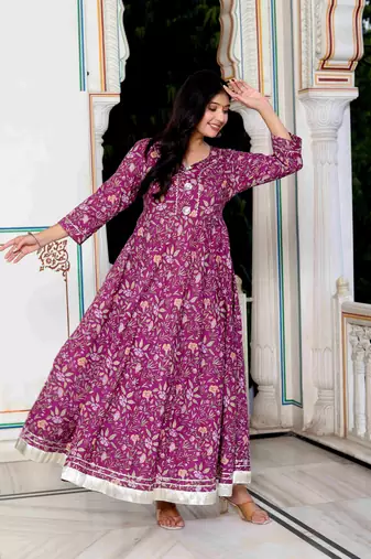 Womens cotton gotapatti and lace border details floral printed purple anarkali kurta