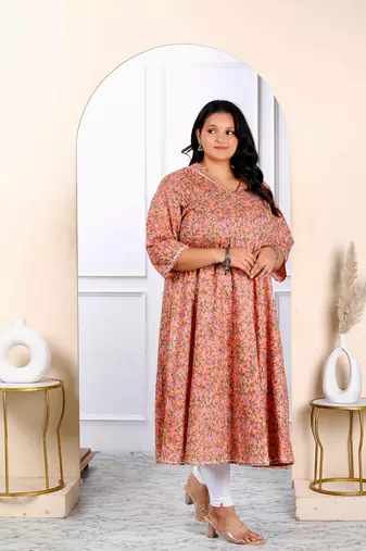 Womens plus size orange cotton floral and gota patti details party wear anarkali kurta