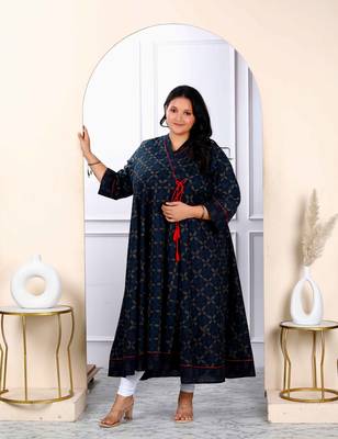 Womens plus size navy blue abstract printed angrakha style anarkali kurta  1