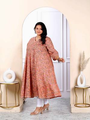 Womens plus size orange cotton floral and gota patti details party wear anarkali kurta 3
