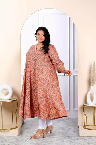 Womens plus size orange cotton floral and gota patti details party wear anarkali kurta