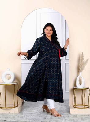 Womens plus size navy blue abstract printed angrakha style anarkali kurta  2