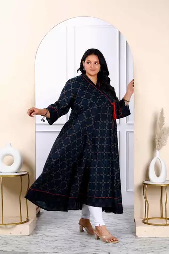 Womens plus size navy blue abstract printed angrakha style anarkali kurta 