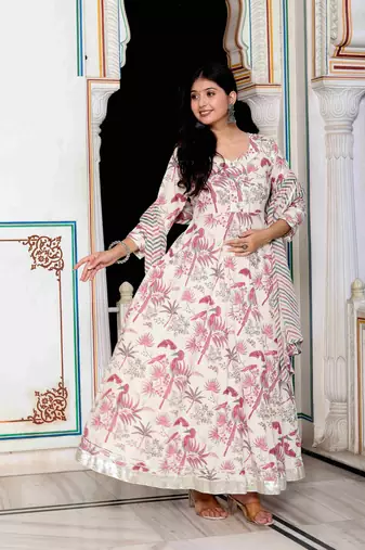 Womens light pink cotton birds and leaf floral printed anarkali kurta and dupatta set