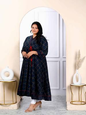 Womens plus size navy blue abstract printed angrakha style anarkali kurta  3