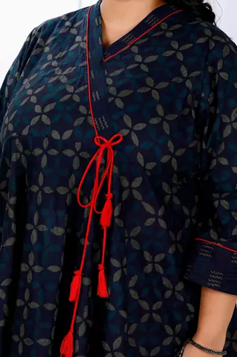 Womens plus size navy blue abstract printed angrakha style anarkali kurta 