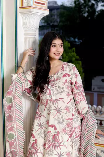 Womens light pink cotton birds and leaf floral printed anarkali kurta and dupatta set