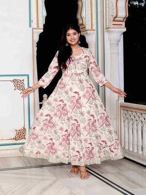 Womens light pink cotton gotapatti birds and leaf floral printed anarkali kurta 1