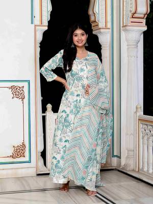 Womens light green birds and leaf floral printed anarkali kurta and dupatta set 1