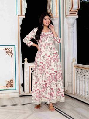 Womens light pink cotton gotapatti birds and leaf floral printed anarkali kurta 2