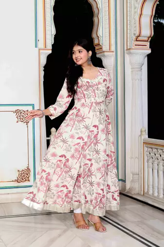Womens light pink cotton gotapatti birds and leaf floral printed anarkali kurta