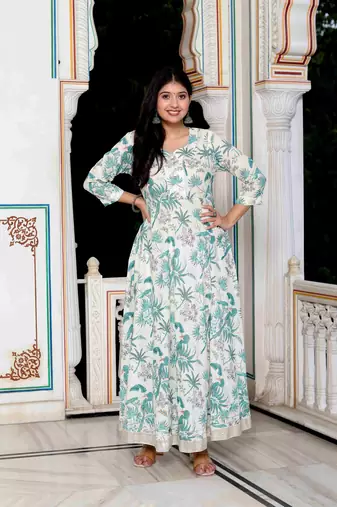 Womens light green cotton gotapatti and lace border birds and leaf anarkali kurta