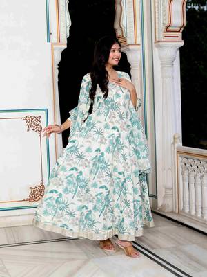 Womens light green birds and leaf floral printed anarkali kurta and dupatta set 3