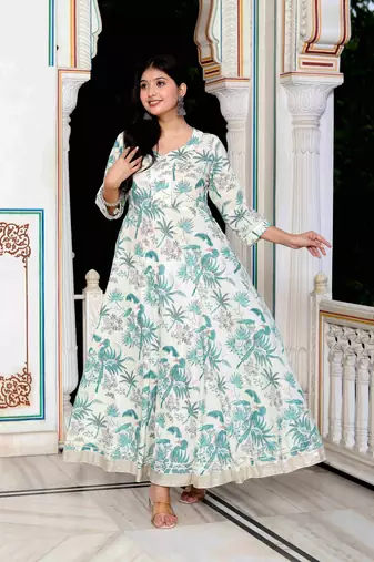 Womens light green cotton gotapatti and lace border birds and leaf anarkali kurta
