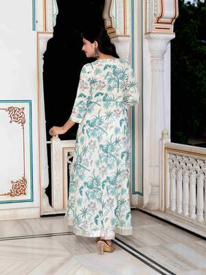Womens light green birds and leaf floral printed anarkali kurta and dupatta set 5