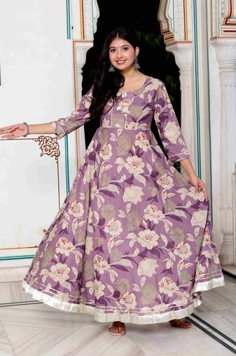 Womens purple flower printed with beautiful lace border details anarkali kurta