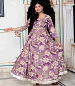 Womens purple flower printed with beautiful lace border details anarkali kurta