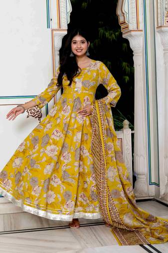 Womens cotton gotapatti and lace border yellow anarkali kurta and dupatta set