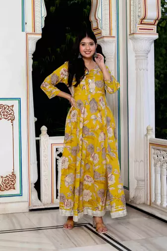 Womens cotton gotapatti and lace border details floral printed yellow anarkali kurta